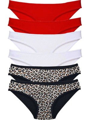 Al-Fil Teknoloji 6 Adet Likralı Kadın Slip Külot Leopar Kırmızı Beyaz