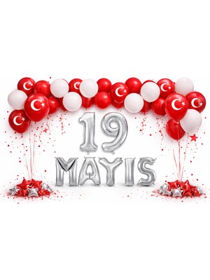 Tedaks 19 Mayıs Gençlik ve Spor Bayramı Temalı Gümüş Folyo Rakam ve Harf Kırmızı Beyaz Ay Yıldız Balonlar