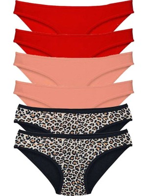 Al-Fil Teknoloji 6 Adet Likralı Kadın Slip Külot Leopar Kırmızı Pudra