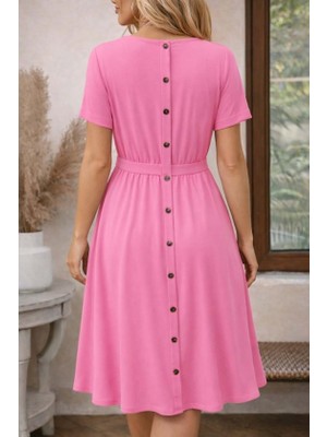 Marsilyan Kadın Kısa Kollu Yuvarlak Yaka Arkadan Düğmeli Viskon Midi Elbise