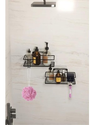 Teknocan Marketing Yapışkanlı 2’li Banyo Rafı Duvara Monte Mutfak Rafı Paslanmaz Kancalı Duş Şampuan Organizer