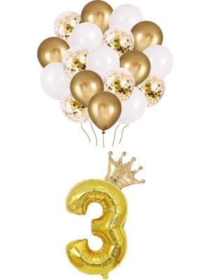Teknocan Marketing 3 Rakam Folyo Balon, Kral Tacı ve Konfetili Balon