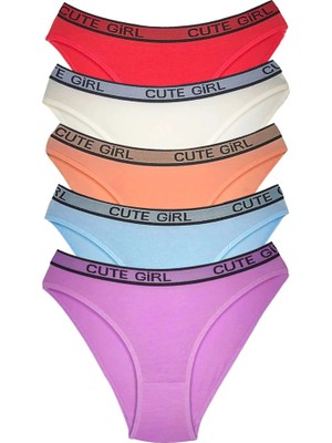 Al-Fil Teknoloji 5 Adet Beli Yazılı Pamuklu Kalın Lastik Kadın Slip Külot