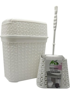 Teknocan Marketing Hasır Desenli Çöp Kovası ve Klozet Fırçası Seti, Beyaz