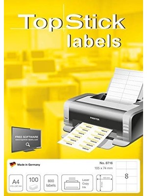Teknocan Marketing 8716 Evrensel Etiketler Dın A4 105 x 74 Mm, 100 Yaprak, Mat Kendinden Yapışkanlı, Kalıcı Yapışkanlı Adres Etiketleri, 800 Yapışkanlı Etiket, Beyaz