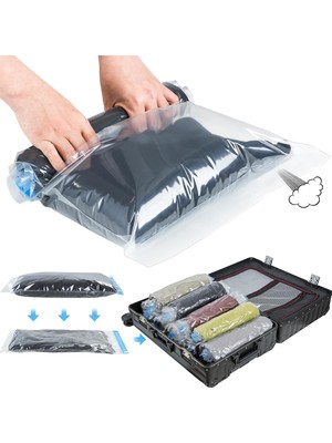 Teknocan Marketing 3'lü Manuel Vakumlu Seyahat Poşeti Hurcu – 50X70 Cm, 40X60 Cm, 35X50 cm | Sıvı Geçirmez, Küf Toz Haşere Koku Yapmaz | Valiz Düzenleyici Organizer – Pompa Süpürge Gerektirmez