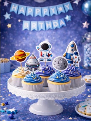 Parti Adresi Kozmik Galaksi Temalı Kürdan Uzay Figürlü Cupcake Kürdanı Pasta Süsü 10'lu