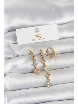 DS LLC Pirinç Gold Renk Pembe Zirkon Taşlı 3'lü Kadın Küpe DSLLC-3245YU5