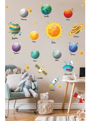 Msticker Eğitici Gezegenler ve Güneş Sistemi Çocuk Odası Sticker Seti Şeffaf Yapışkanlı Tasarım