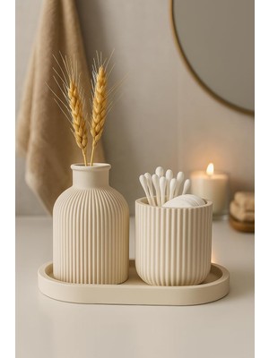 Teknocan Marketing Modern Çizgili Vazo, Kapaklı Kutu ve Tepsi Organizer Seti