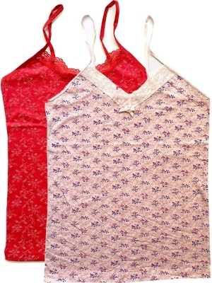 Al-Fil Teknoloji 2 Adet Kadın Askılı Desenli Atlet Dantelli Empirme Pamuklu Penye D9-10