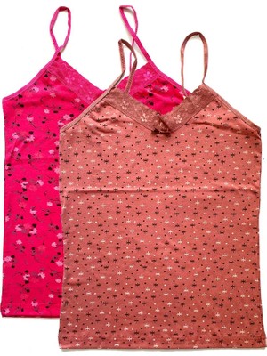 Al-Fil Teknoloji 2 Adet Kadın Askılı Desenli Atlet Dantelli Empirme Pamuklu Penye D3-4