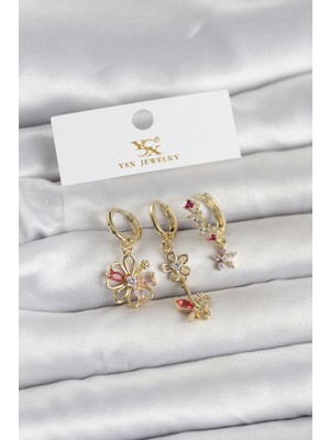 MiraLive Pirinç Gold Renk Çiçek Model 3'lü Kadın Küpe