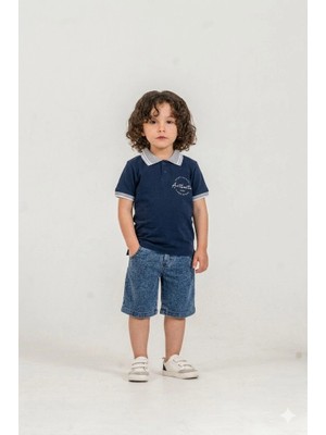 Bontino Erkek Çocuk Authentic Baskılı %100 Pamuk Polo Yaka Tişört ve Kot Şort Alt Üst Ikili Takım