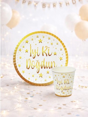 Parti Adresi Iyi Ki Doğdun Yazılı Tabak Bardak Set Beyaz Gold 8'li