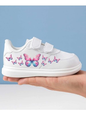 Lias Design Holokelebek Baskılı Beyaz Bantlı Çocuk Spor Ayakkabı Snekaer