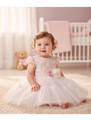 1-5 Yaş Kısa Kol Jakarlı Kız Bebek Çocuk Elbise Bayramlık Mezuniyet Balo Abiye Gelinlik Ekru 2028
