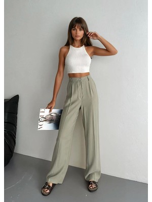 Boom Bester Premium Tnsel Palazzo Pantolon Yüksek Bel Bol Paça Kadın Pantolon Dökümlü Rahat