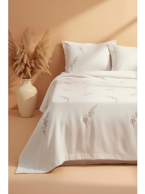 Riva İstanbul Açık Gri Seren Desen Çift Kişilik Nakışlı Yatak Örtüsü Seti