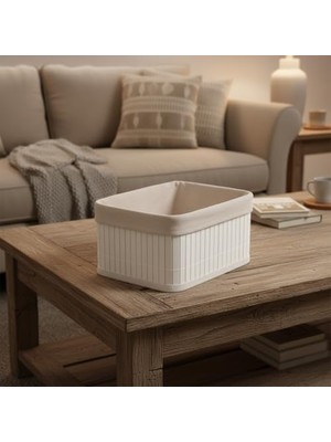 Deconox Mini Dikdörtgen Bambu Düzenleyici ve Saklama Sepeti – Beyaz Ahşap Banyo, Makyaj ve Ofis Organizeri, Kumaş Astarlı Çok Amaçlı Dekoratif Kutu (20X15X10 Cm)