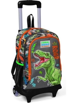 Işıklı Tekerlekli Dinazor Kamuflaj Çekçek Okul ve Seyahat Çantası Erkek Çocuk Gri