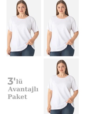 Arma Yıldız Kadın Büyük Beden Pamuklu Basic Kısa Kollu Bisiklet Yaka Tişört Beyaz 3'lü Paket