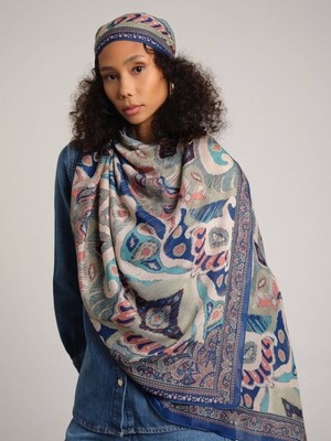 AYSHARA Mint Mavi Etnik Desenli Tek Taraflı Şal %100 PES Hafif ve Yumuşak Doku ile