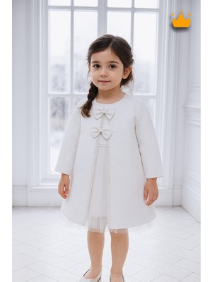 1-5 Yas Kız Çocuk Saç Bantlı Mantolu Gelinlik Bayramlık Abiye Elbise 3'lü Takım Pudra 2070