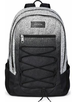 Hype Lisanslı 3 Bölmeli Ipli Sırt Çantası - Siyah Beyaz Geçişli Laptop Bölmeli Su Itici Okul Çantası
