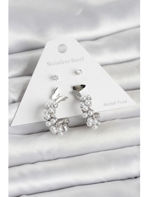 Venüs Shopping Pirinç Gümüş Renk Kelebek Detaylı Kadın Küpe Seti