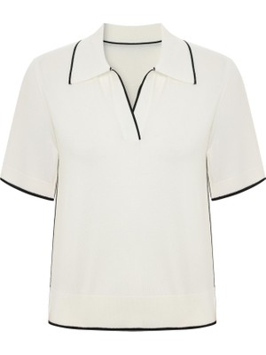 Kameya Kontrast Şeritli Polo Yaka Triko Bluz