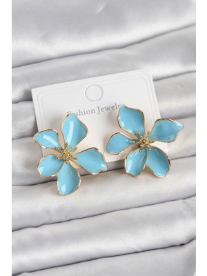 Shopwave Mavi Mineli Çiçek Model Pirinç Kadın Küpe