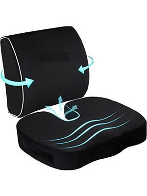 Cocix Oturma Minderi Bel Yastığı Bel Destek Yastığı Ortopedik Visco Yastık Basur Minderi Ofis Minderi Set, Ankanorm, Siyah, Normal