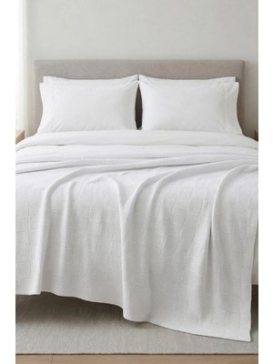 Moya Home %100 Pamuk Dama Desenli Çift Kişilik Pike Beyaz 200X230