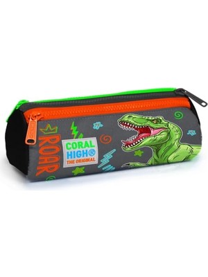 Gri Yeşil T-Rex Üç Bölmeli Kalem Çantası -Erkek Çocuk