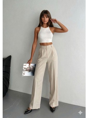 Boom Bester Premium Tnsel Palazzo Pantolon Yüksek Bel Bol Paça Kadın Pantolon Dökümlü Rahat