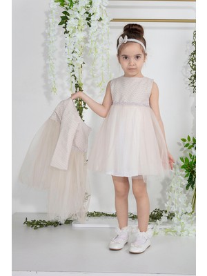 Yıldız Desen Bolerolu Saç Bantlı Bayramlık Gelinlik Abiye Elbise 3'lü Takım Somon 2008