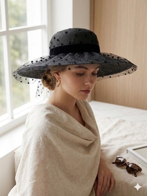 Şapkacımadam Kadın Yazlık Tül Detaylı Hasır Şapka