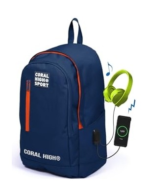 Sport Lacivert Üç Bölmeli USB Şarjlı Kulaklık Çıkışlı Sırt Çantası 23232