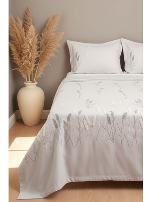 Açık Gri Willow Breeze Desen Çift Kişilik Nakışlı Yatak Örtüsü Seti