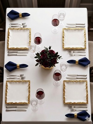 sembol Caprıce Luxury 4'lü Kare Servis Tabağı Seti - 27X27 cm Gold Detaylı Porselen Sunum Takımı