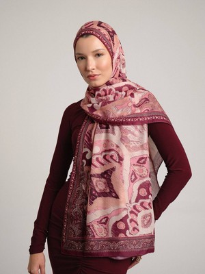 AYSHARA Sırlı Motifler Etnik Desenli Tek Taraflı Şal - Gül Bordo