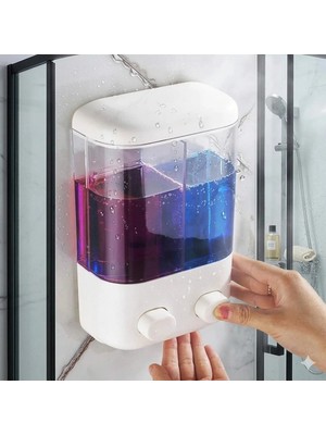 Yapışkanlı Sıvı Sabunluk 1000 ml 2 Bölmeli Duvar Tipi Banyo Mutfak Dispenser V-2