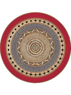 Kilim Home  Boho 972 Kırmızı Etnik Mandala Desenli Doğal Natural Jüt Yuvarlak