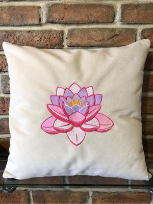 Harmony Factory Nakışlı Kadife Bej Kırlent Kılıfı Lotus Çiçeği Dekoratif Yastık Kılıfı