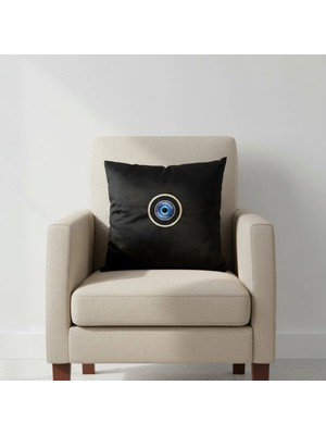 Harmony Factory Nakışlı Kadife Kırlent Kılıfı Nazar Boncuğu Siyah Işlemeli Dekoratif Yastık Kılıfı