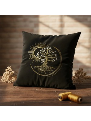 Harmony Factory Magic Tree Nakışlı Siyah Kadife Kırlent Kılıfı Özel Tasarım Dekoratif Yastık Kılıfı
