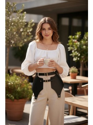 Pileli Store Siyah Kadın Kemer Geniş Panelli Çift Tokalı Bel Aksesuarı - APFT1119