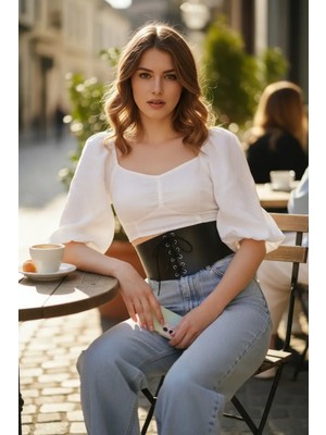 Pileli Store Siyah Kadın Kemer Bağcıklı Kalın Korse Bel Aksesuarı - APFT1127