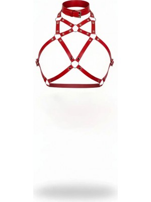 Pileli Store Kırmızı Kadın Kemer Yaka Detaylı Suni Deri Vücut Harness - APFT108